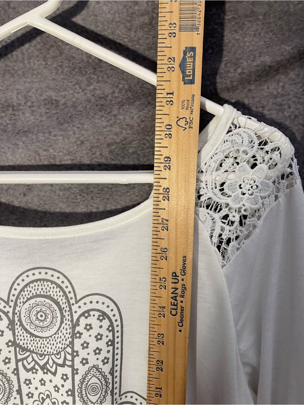 White Hamsa Hand Graphic Long Sleeve Top Lace Shoulder Accent Medium - Picture 5 of 9
